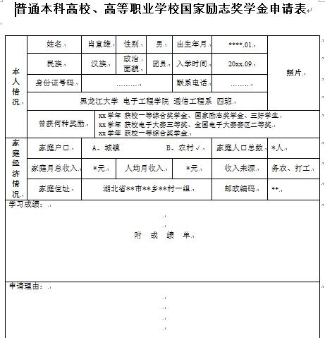 国家励志奖学金表格模板